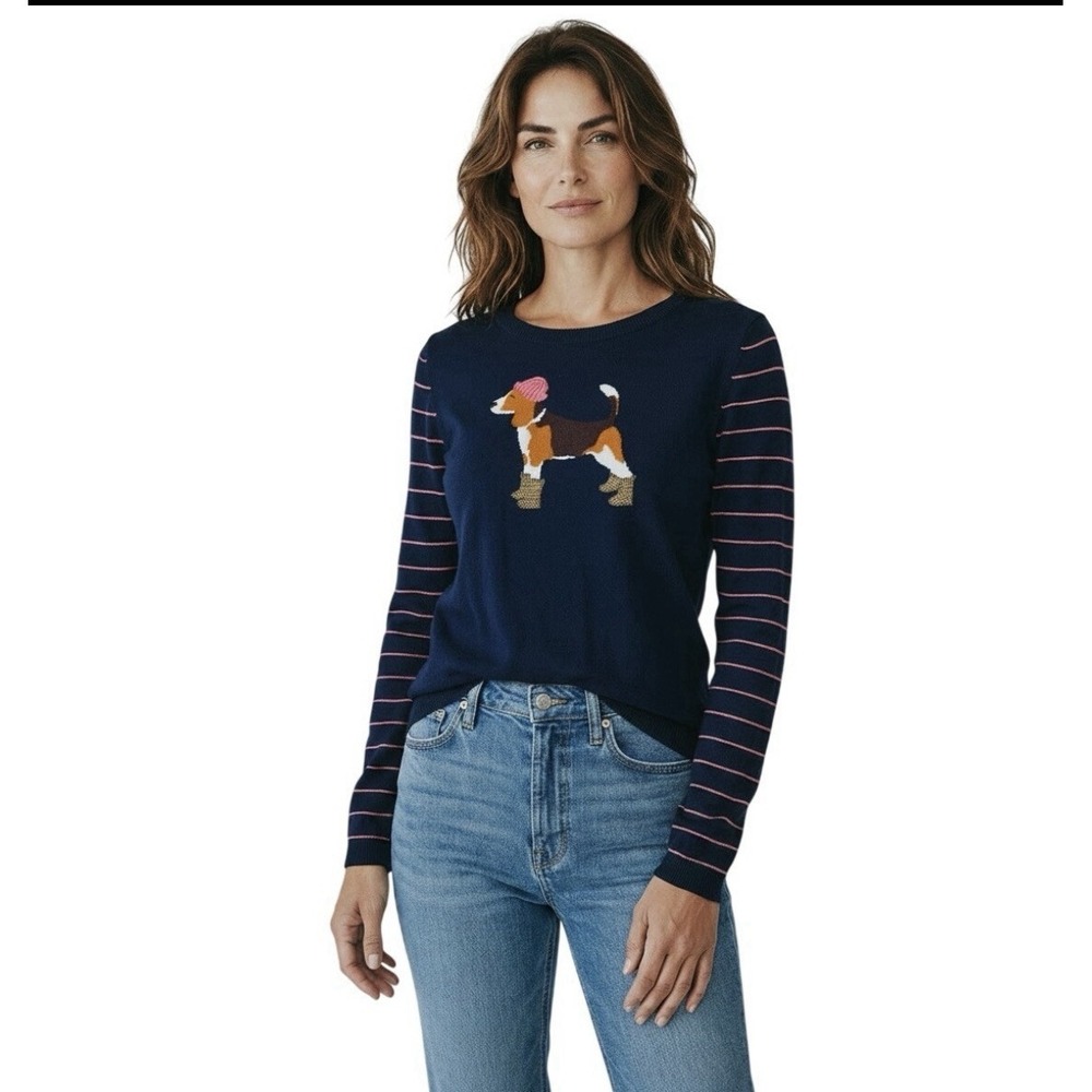 TALBOTS Beagle Dog Sweater Womens M Blue Striped Preppy Twee Indie Novelty